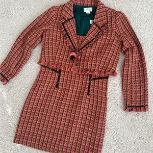 Anthropologie Maeve Tweed Dress Jacket Pom Fringe Metallic Accent Set size 0